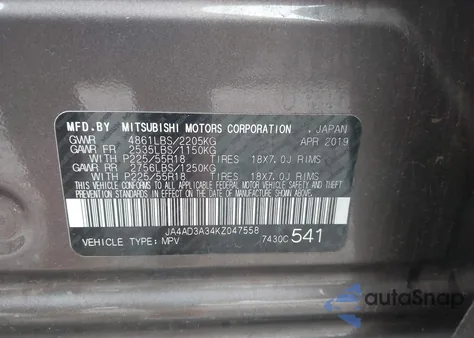 2019 Mitsubishi Outlander Sel из США, поврежденный, VIN JA4AD3A34KZ047558